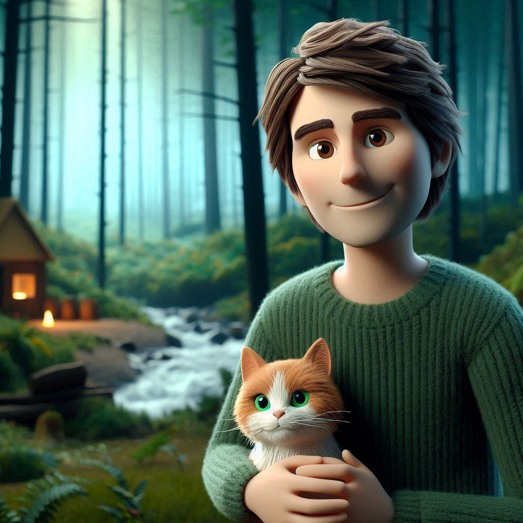 A boy and his cat by a stream in a forest