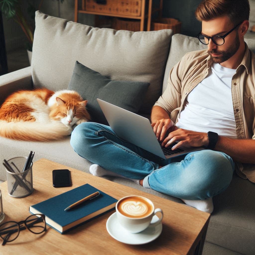 A man on a couch with his laptop and coffee and his cat asleep beside him