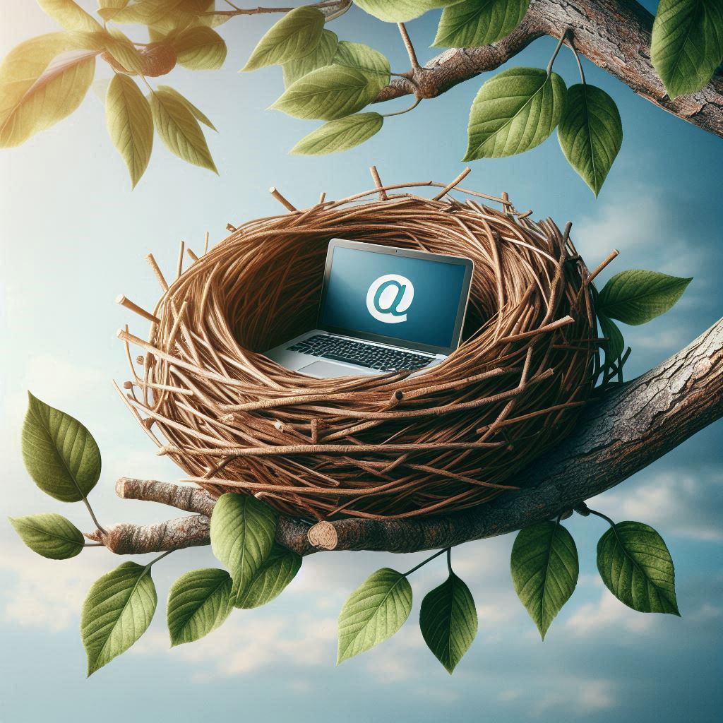 A nest in a tree with a laptop in it.